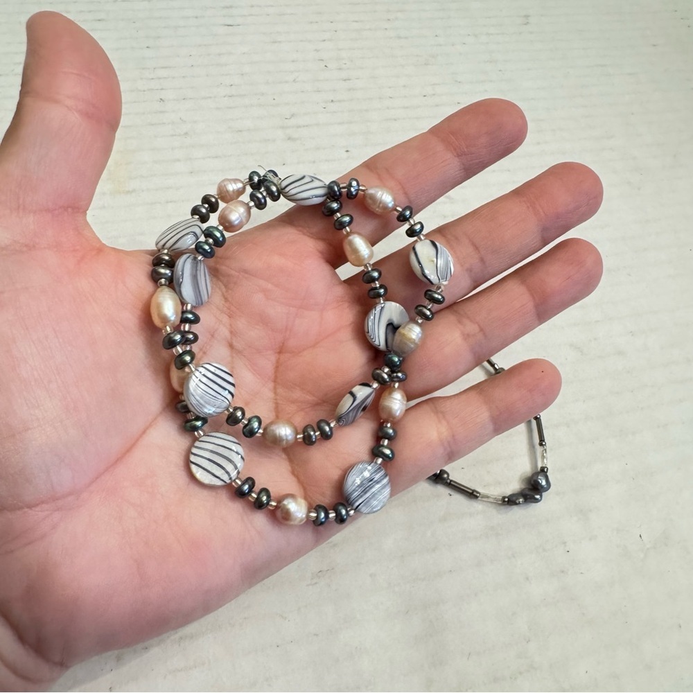 Lot of 3 Natural Zebra Stone & Pearls Flat Disc Beaded Stretch Bracelets Jewelry